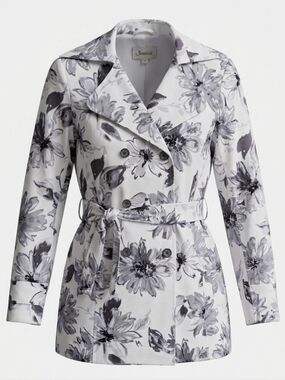 Jessica Gray White Cotton Floral Print Double-Breasted Spring Trench Coat Size S